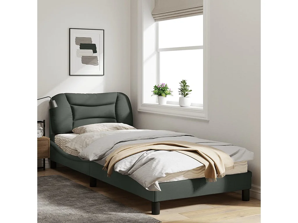 Cadre de lit avec lumières LED gris foncé 90x190 tissu