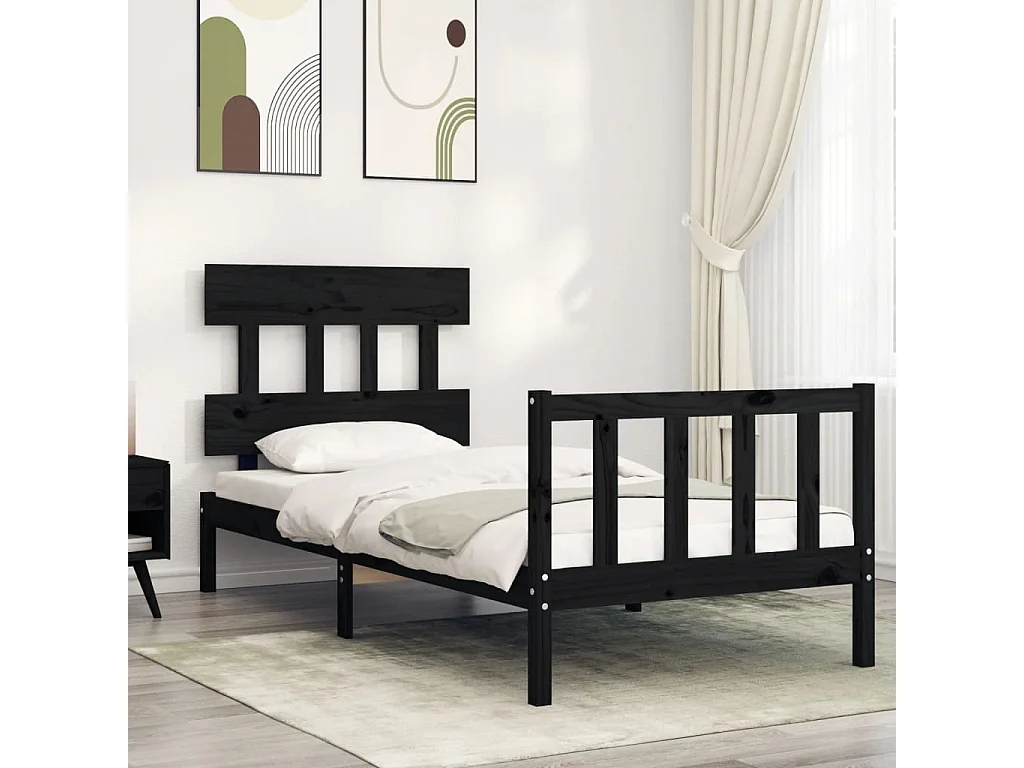 Cadre de lit avec tête de lit noir petit simple bois massif