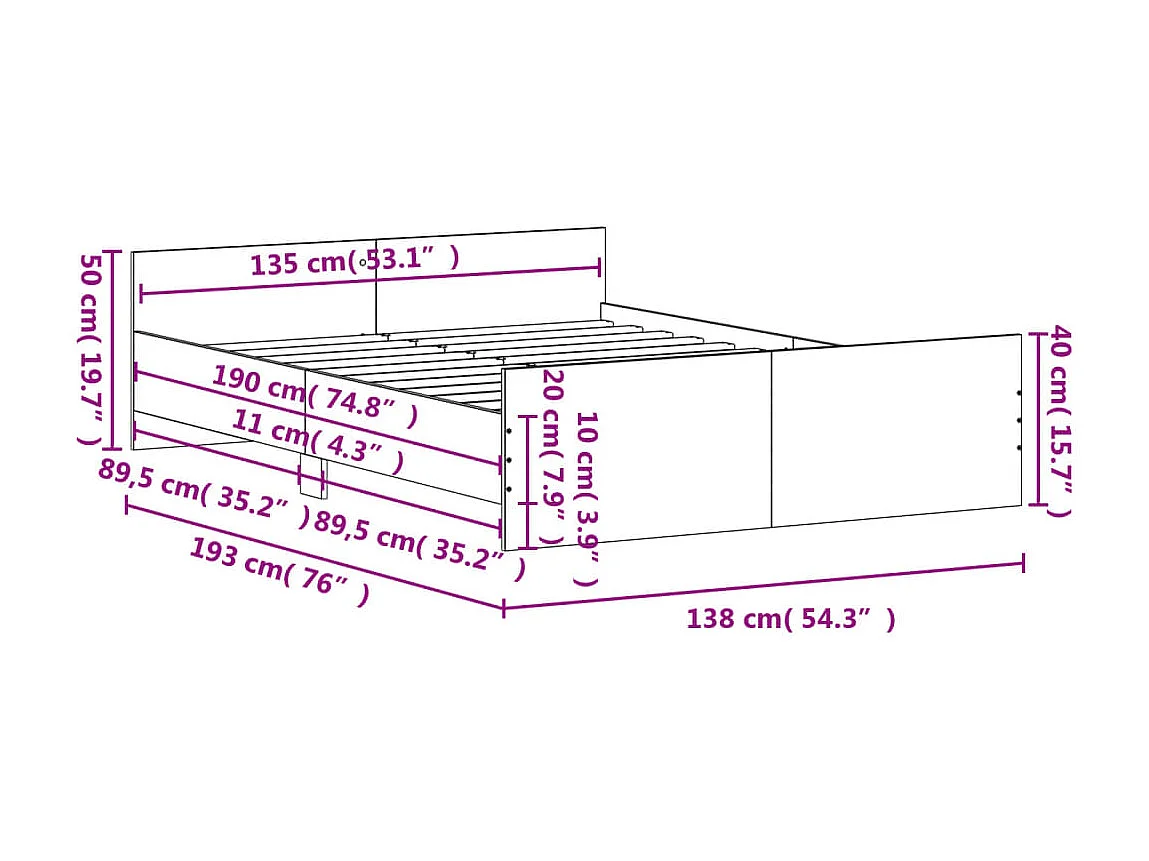 Cadre de lit tête de lit et pied de lit chêne fumé 135x190