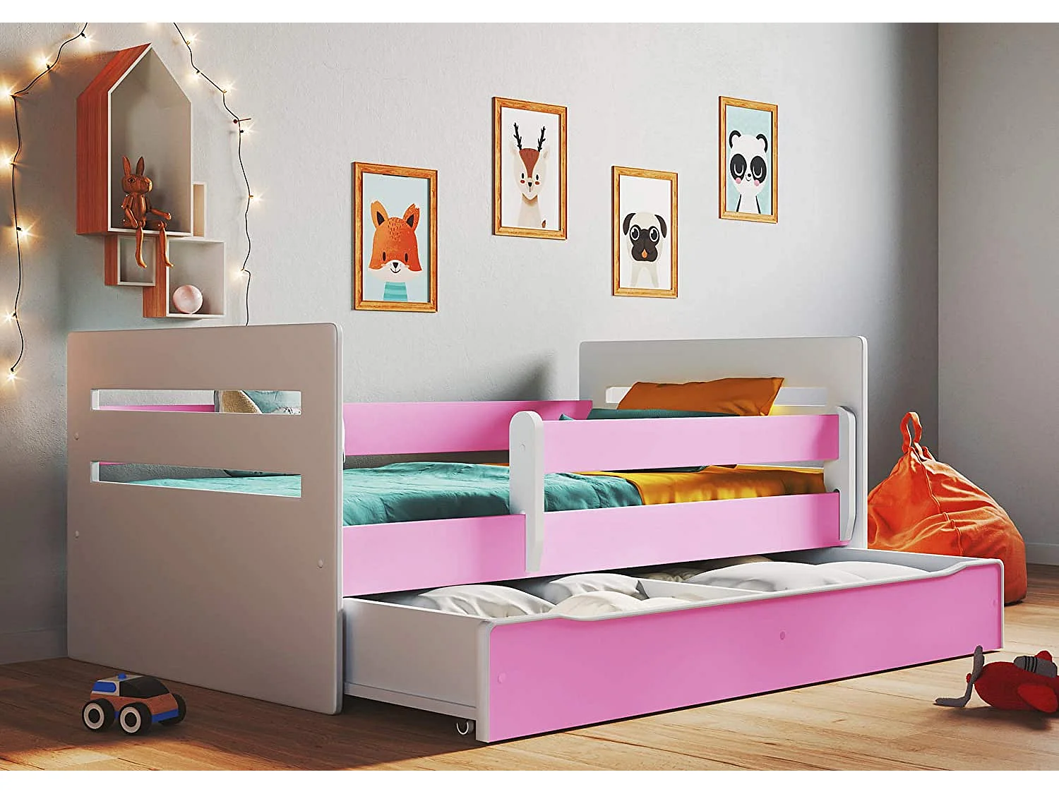 Lit enfant avec barrière de sécurité amovible blanc et rose Moly-Matelas mousse-80x160-Tiroirs Avec tiroir