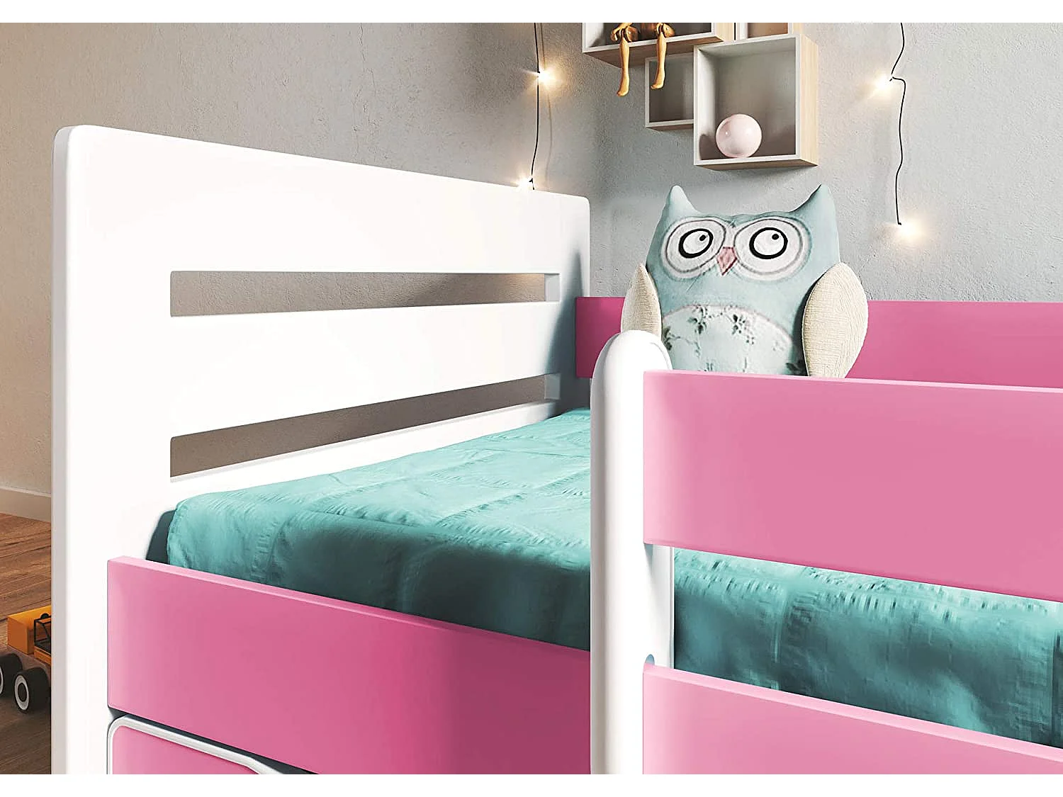 Lit enfant avec barrière de sécurité amovible blanc et rose Moly-Matelas mousse-80x160-Tiroirs Avec tiroir