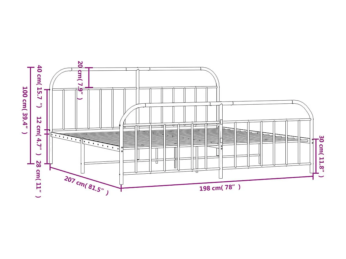 Cadre de lit métal avec tête de lit-pied de lit noir 193x203