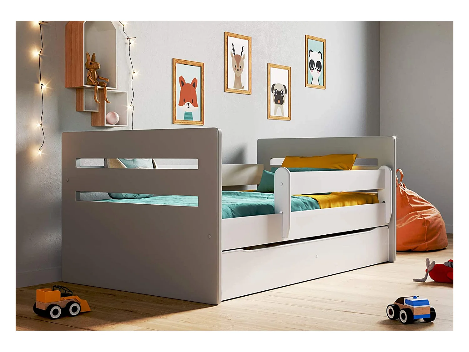 Lit enfant avec barrière de sécurité amovible blanc et gris Moly-Matelas mousse-80x140