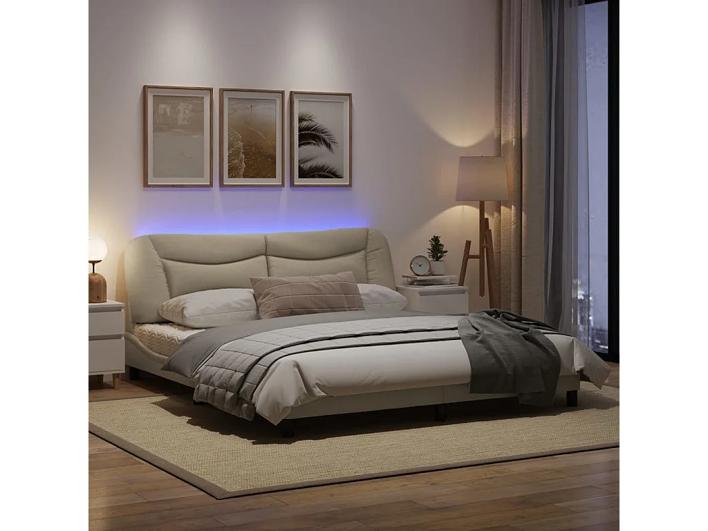 Cadre de lit avec lumières LED crème 180x200 tissu