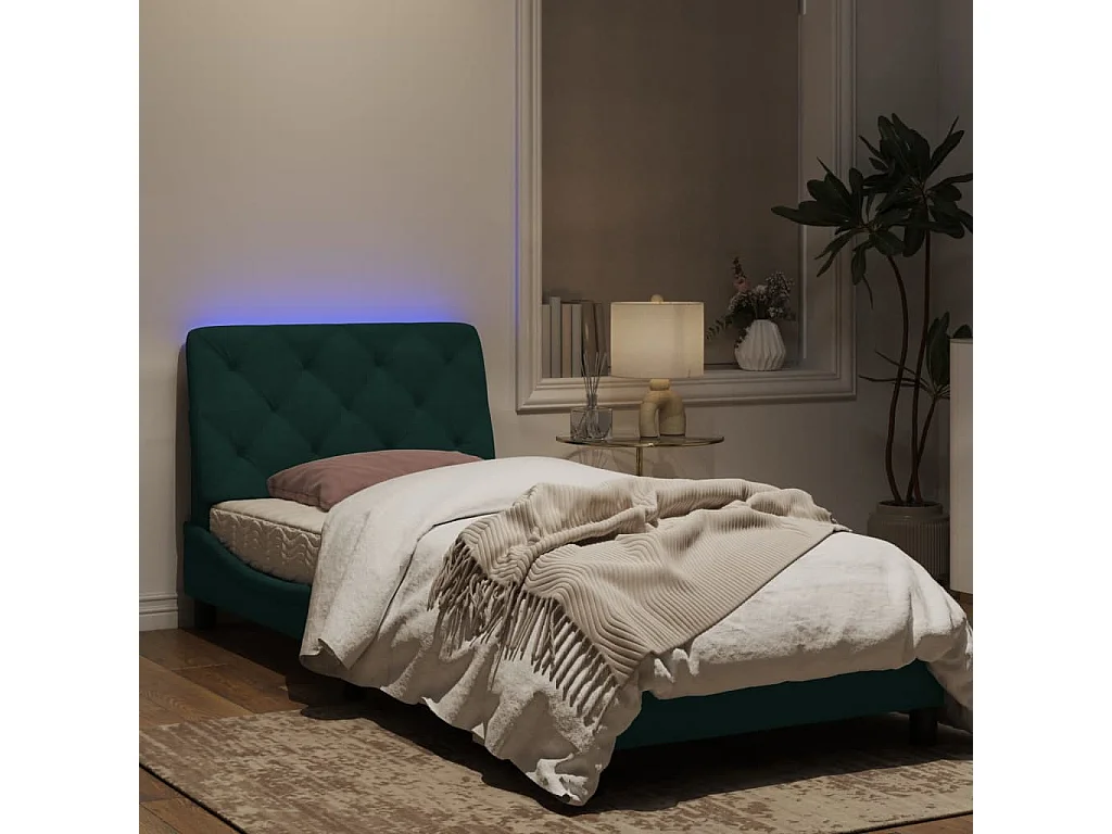 Cadre de lit avec lumières LED vert foncé 90x190 velours