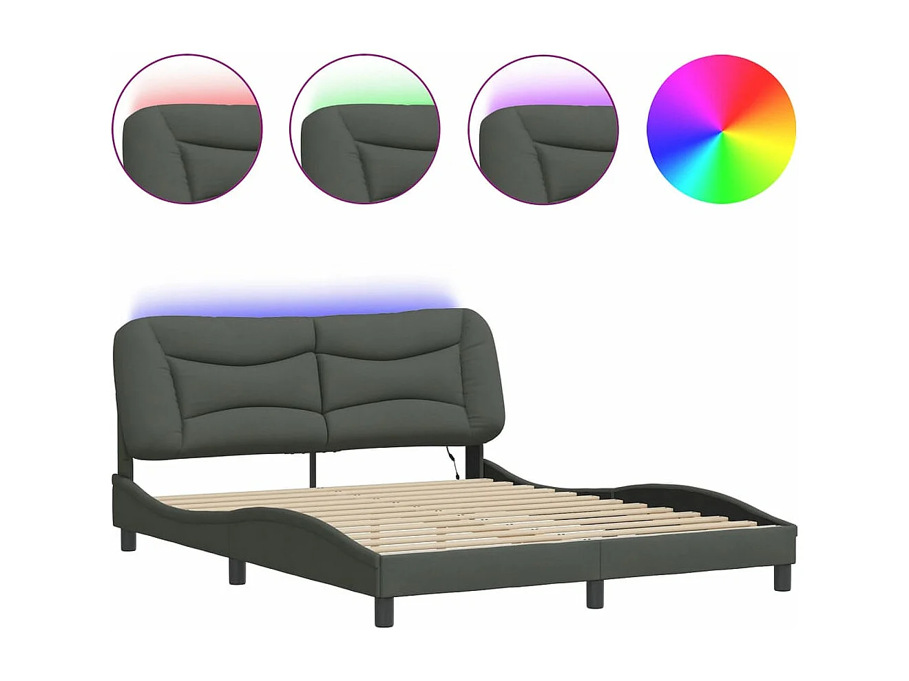 Cadre de lit avec lumières LED gris foncé 160x200 tissu