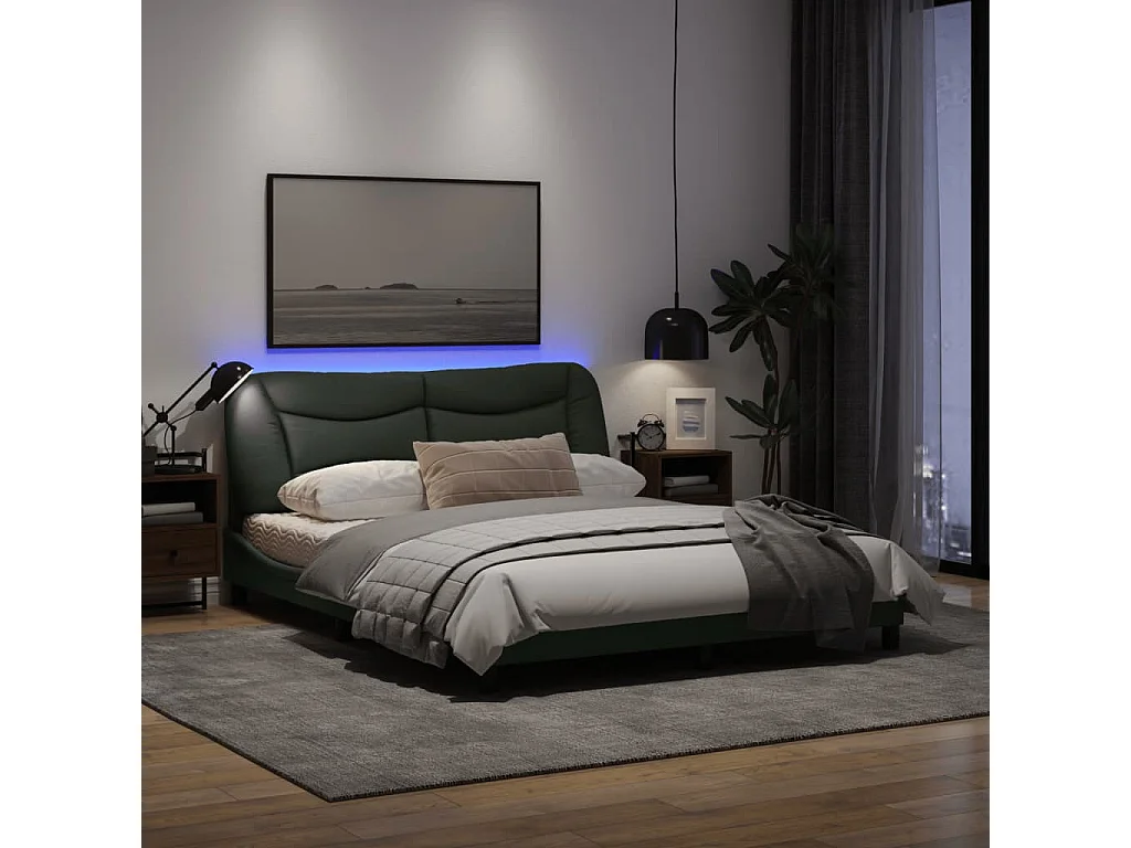 Cadre de lit avec lumières LED gris foncé 160x200 tissu