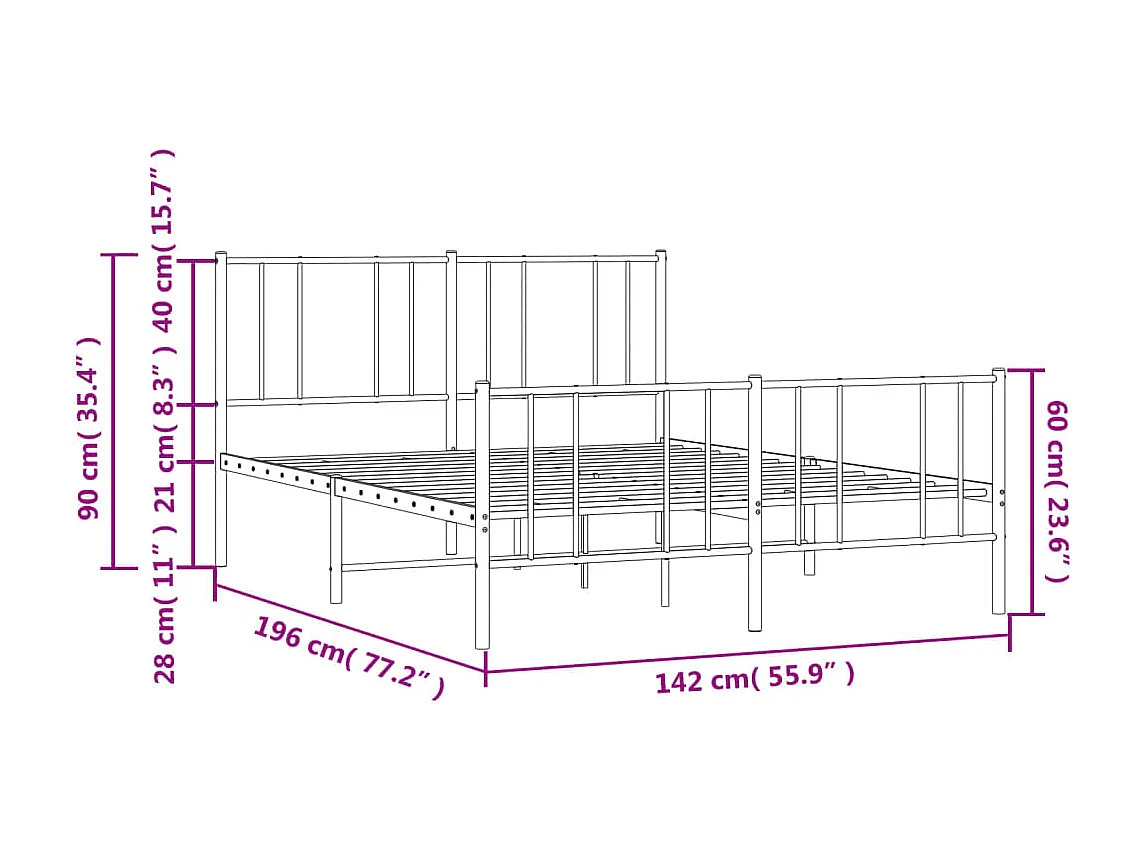 Cadre de lit métal avec tête de lit-pied de lit noir 135x190