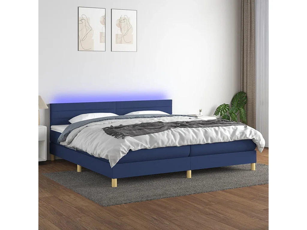 Sommier à lattes de lit et matelas et LED Bleu 200x200 Tissu