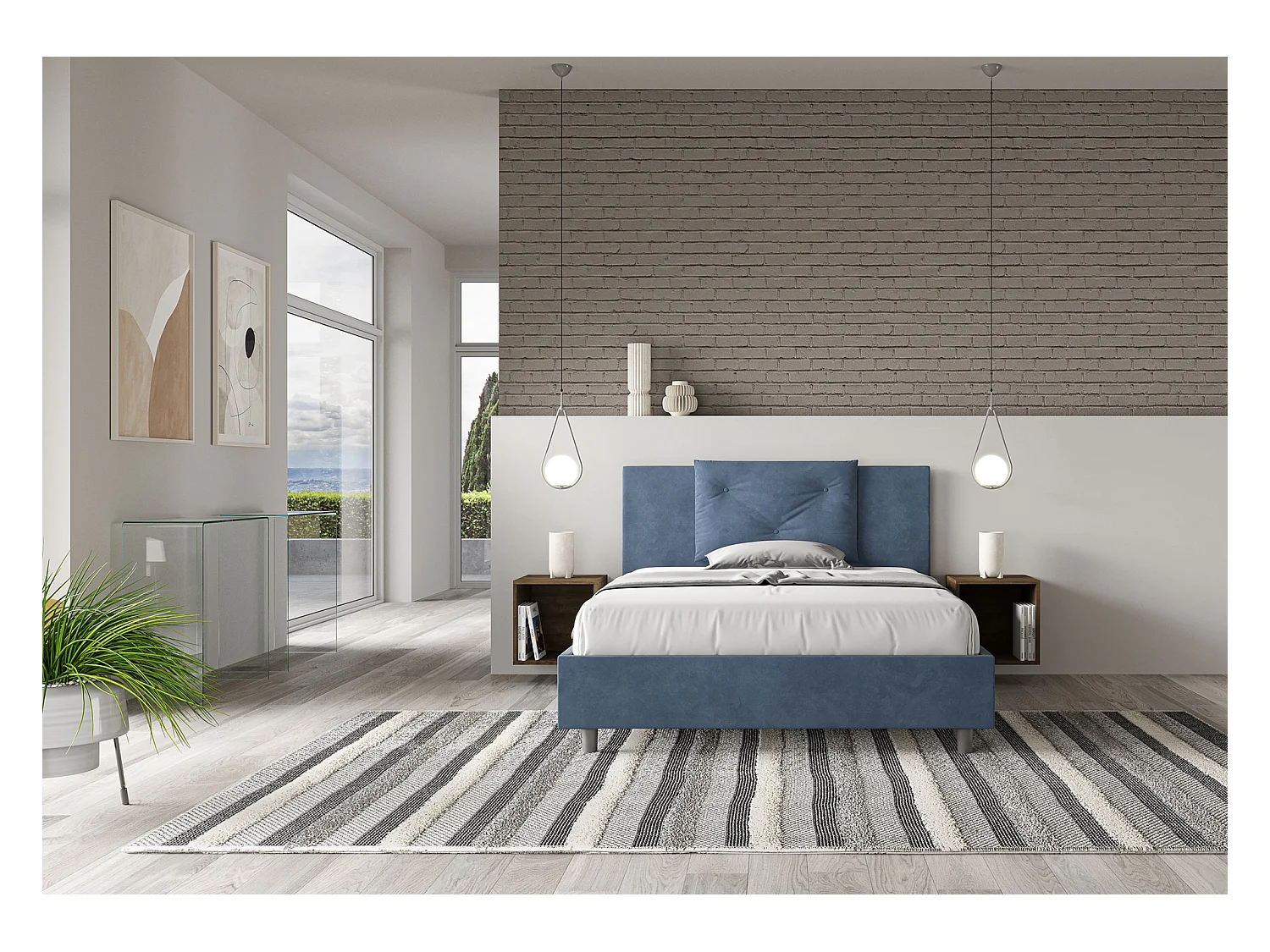 Lit double sans sommier rembourré 140x190 microfibre bleu Appia