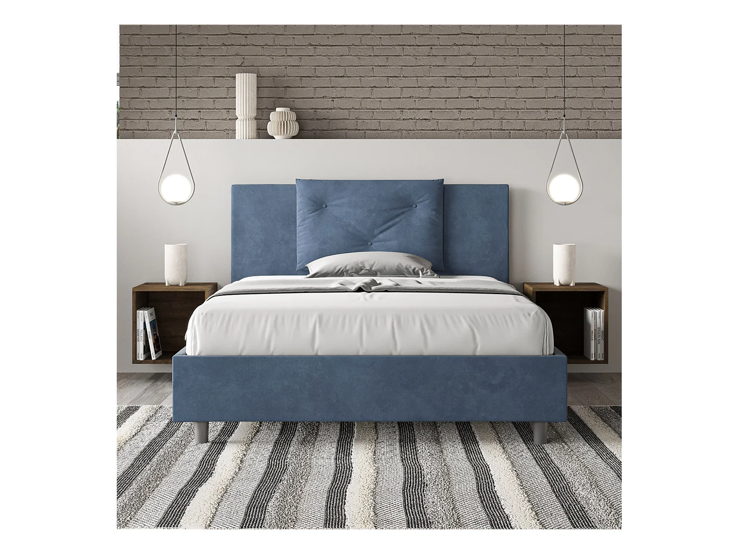 Modern bed voor volwassenen met Anja microvezelkussens-Kleur Donkerblauw-Slapen 140x190cm-Keuze Zonder boxspring