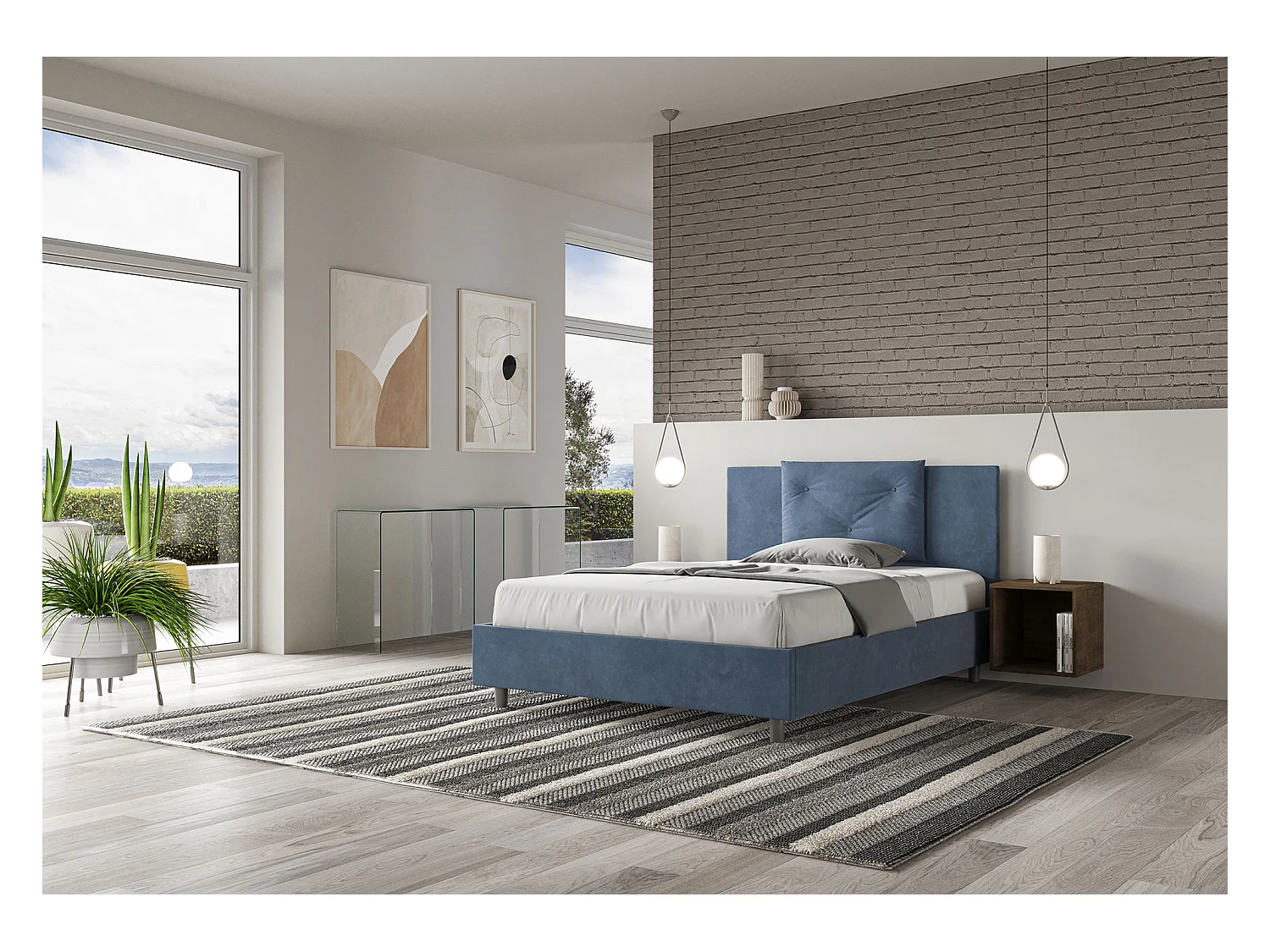 Modern bed voor volwassenen met Anja microvezelkussens-Kleur Donkerblauw-Slapen 140x190cm-Keuze Zonder boxspring