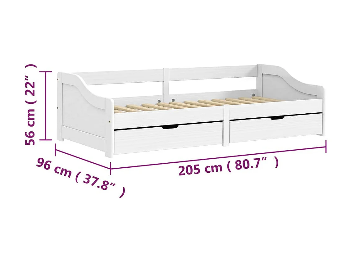 Lit de jour avec 2 tiroirs IRUN blanc 90x200 bois pin massif