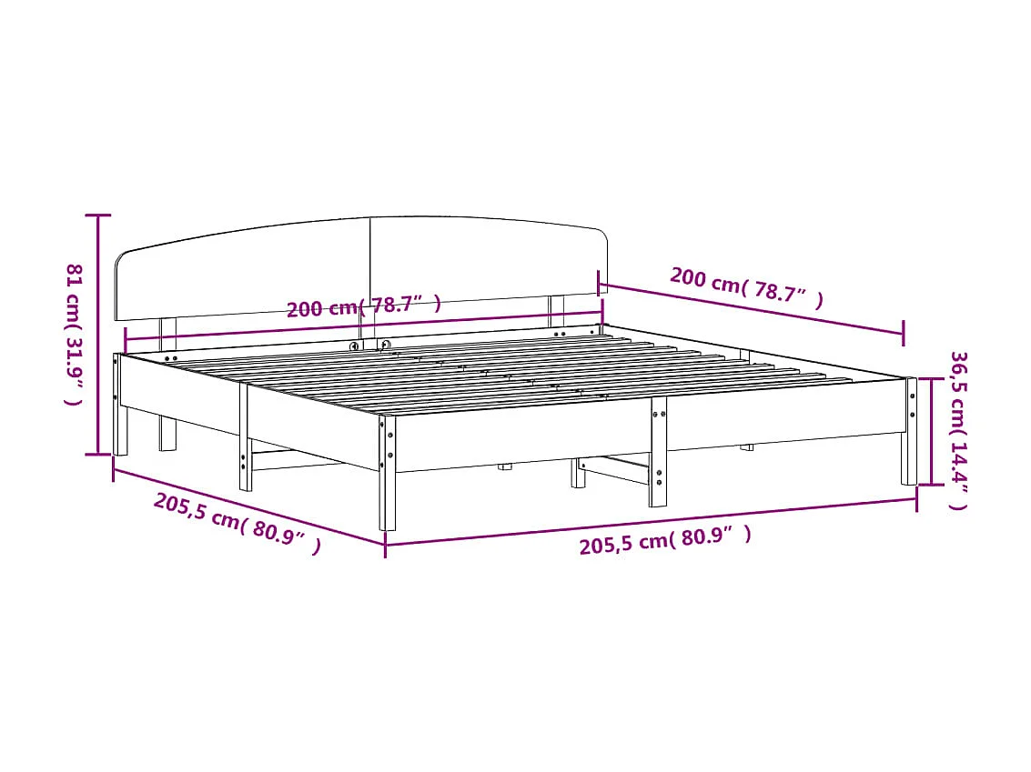 Cadre de lit et tête de lit blanc 200x200 bois de pin massif