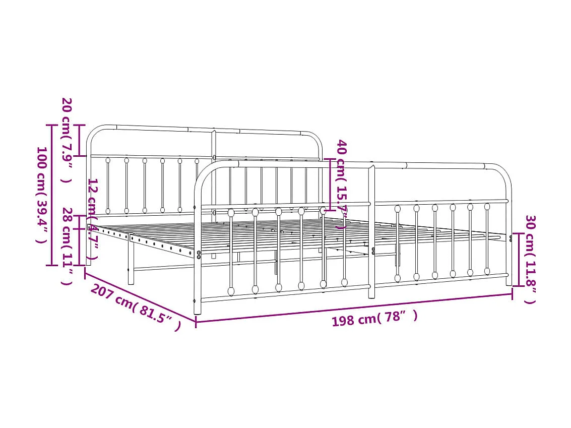 Cadre de lit métal avec tête de lit-pied de lit noir 193x203