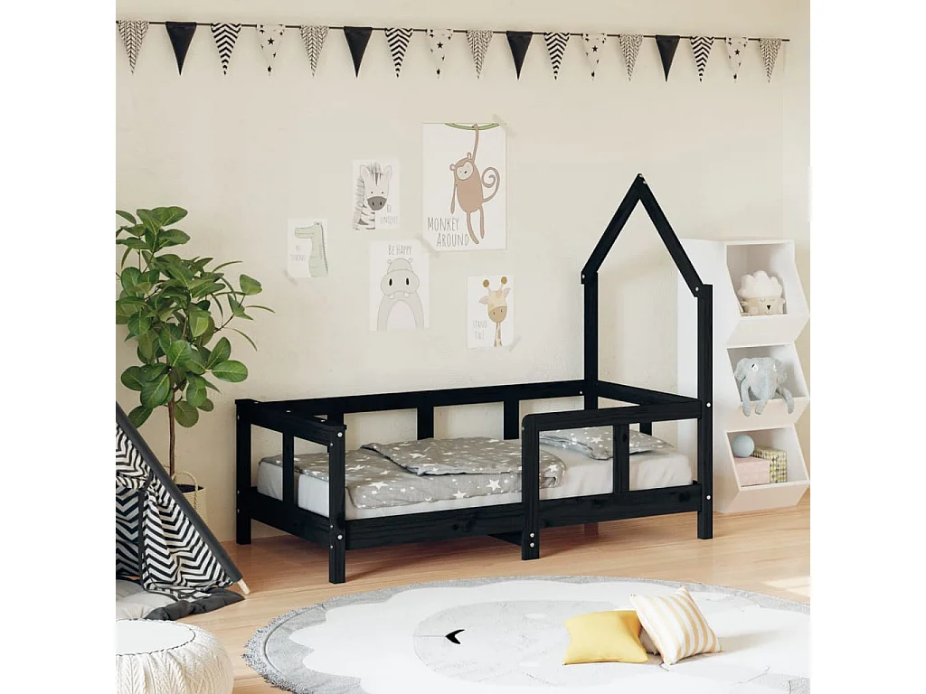 Cadre de lit pour enfant noir 70x140 bois de pin massif