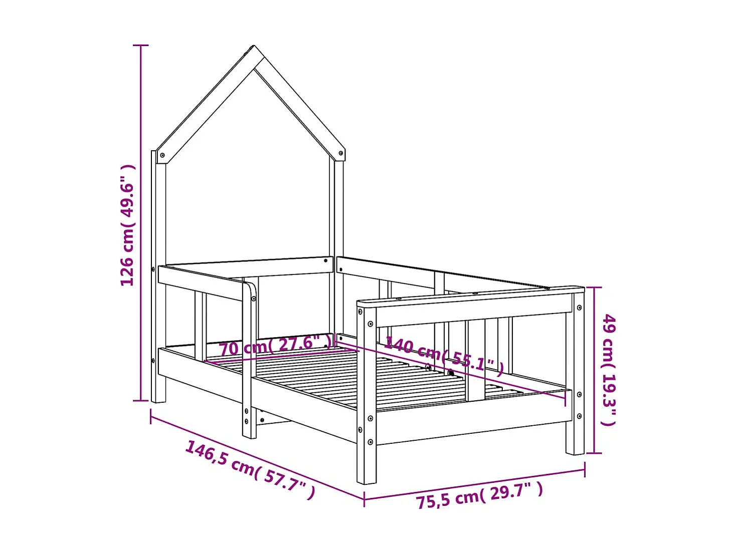 Cadre de lit pour enfant noir 70x140 bois de pin massif