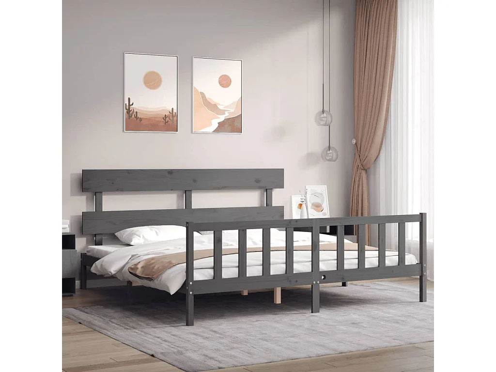 Cadre de lit avec tête de lit gris 200x200 bois massif