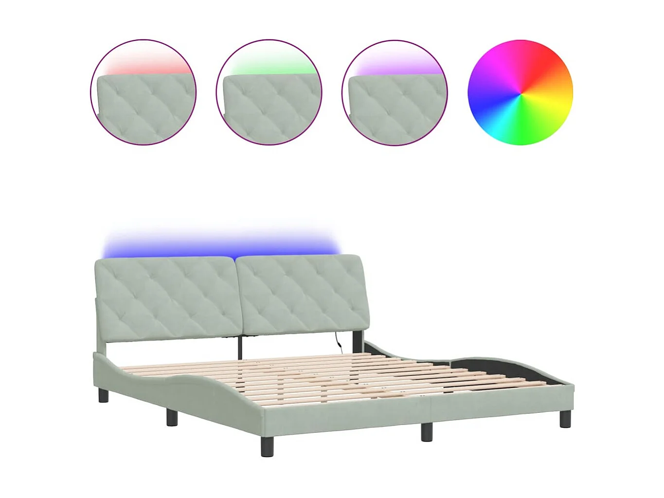 Cadre de lit avec lumières LED gris clair 180x200 velours