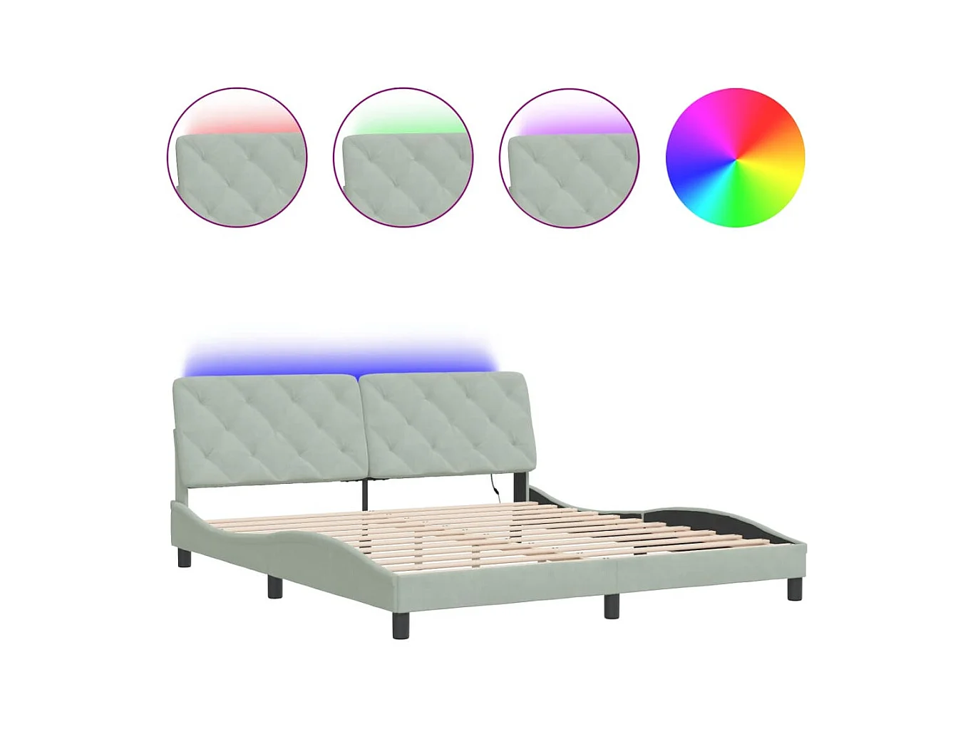 Cadre de lit avec lumières LED gris clair 180x200 velours