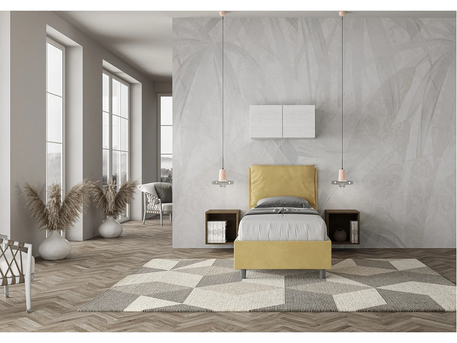 Lit adulte moderne avec coussins rembourrés microfibre Anja-Couleur Jaune curry-80x190-Option Avec sommier