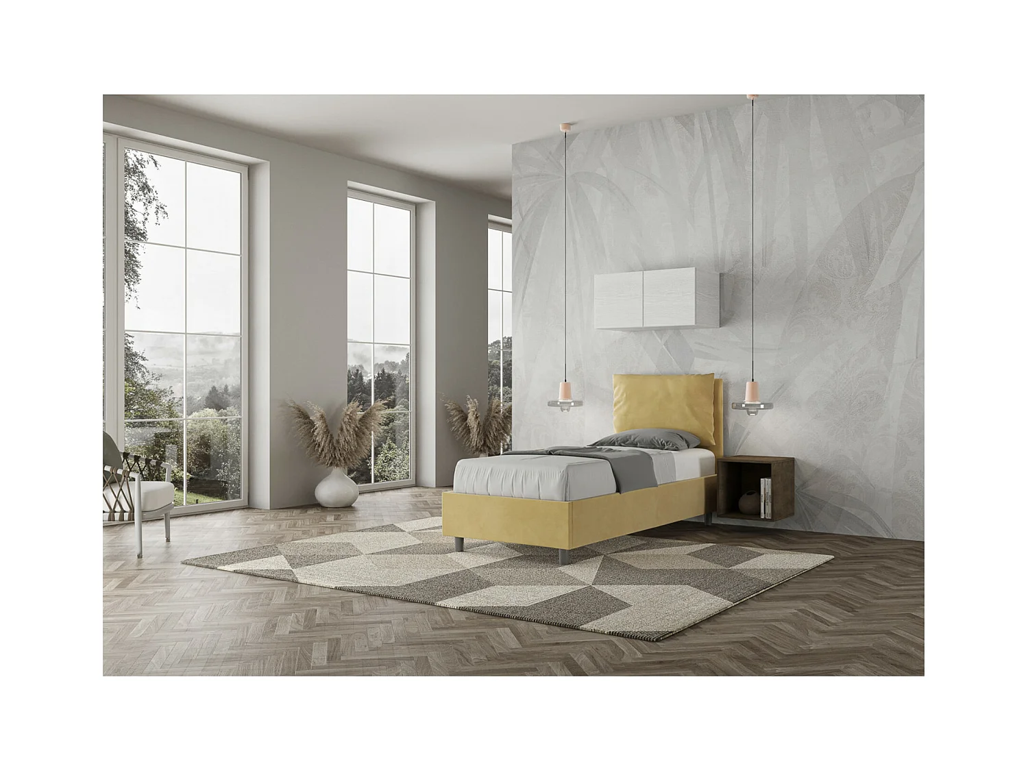 Lit adulte moderne avec coussins rembourrés microfibre Anja-Couleur Jaune curry-80x190-Option Avec sommier