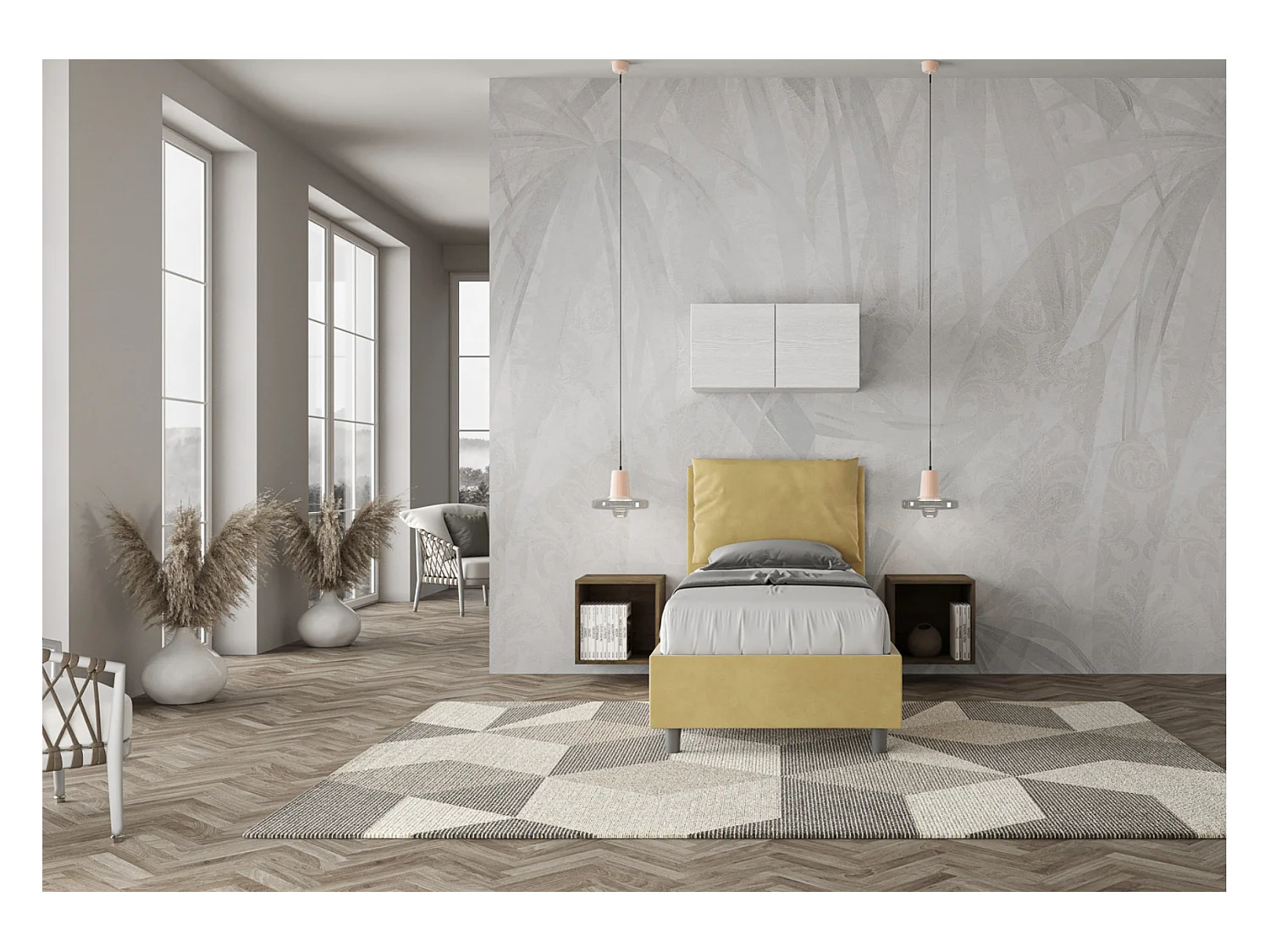 Lit adulte moderne avec coussins rembourrés microfibre Anja-Couleur Jaune curry-80x190-Option Avec sommier