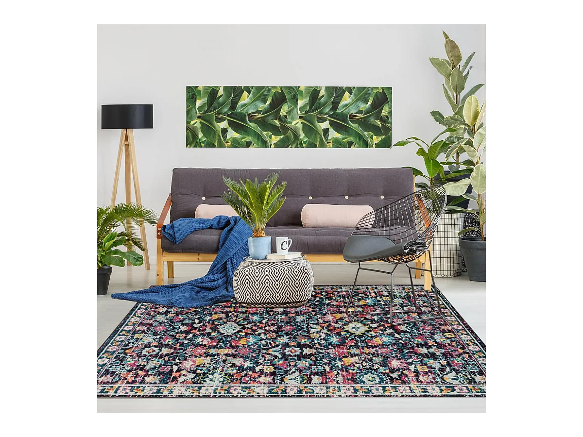 Tapis orient 200x290 rectangle bleu et bleu foncé tissé motif classique OLHA