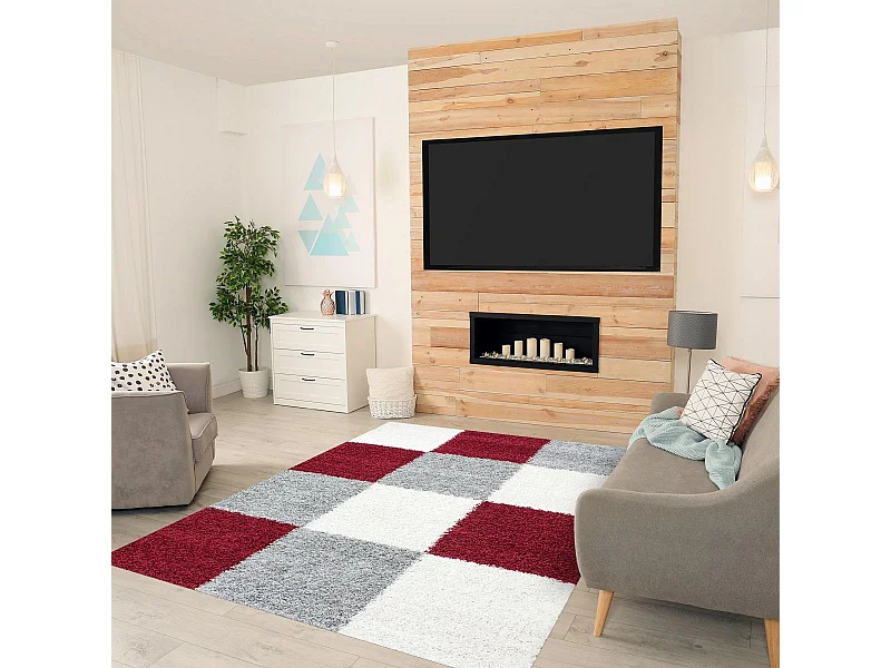 Tapis poils longs shaggy 160x230 rectangle tissé rouge et gris motif damier