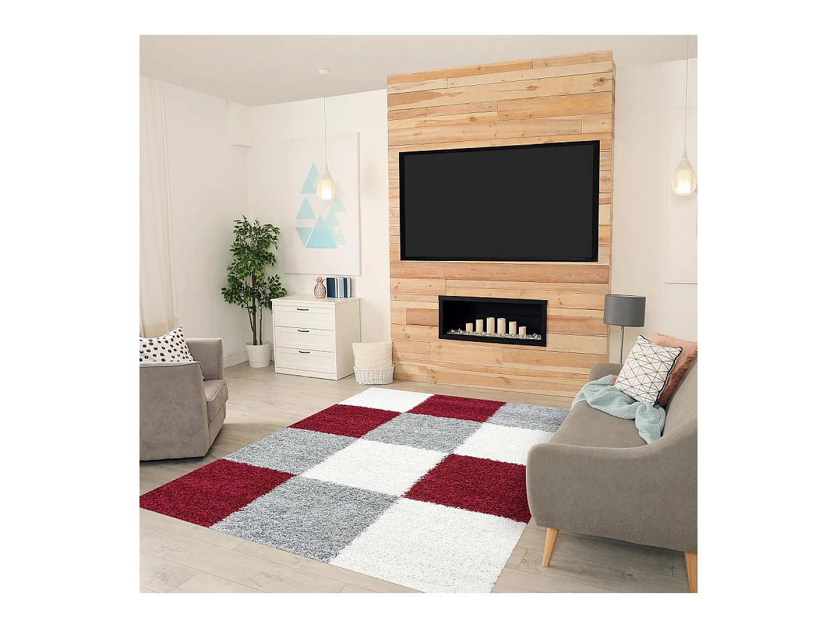 Tapis poils longs shaggy 160x230 rectangle tissé rouge et gris motif damier