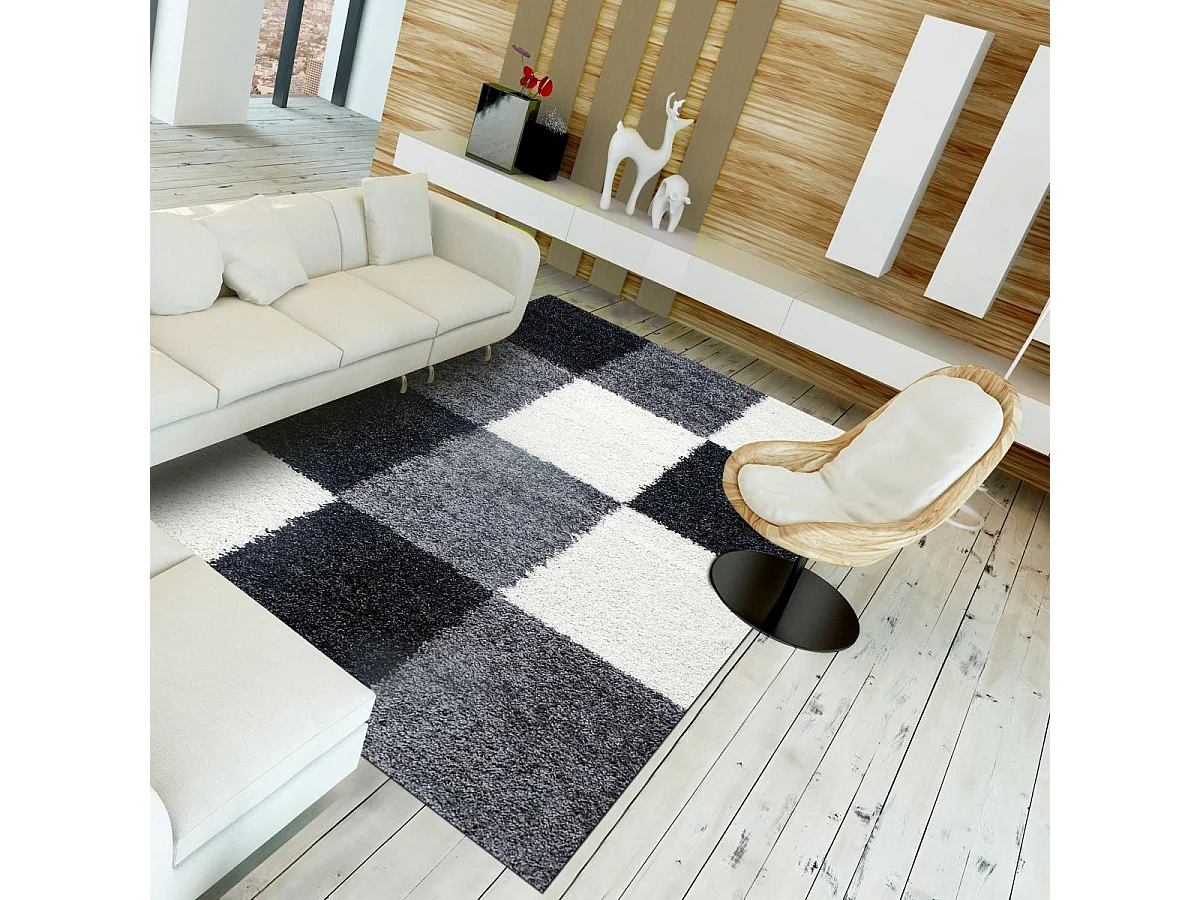 Tapis poils longs shaggy 200x290 rectangle tissé gris et noir motif damier
