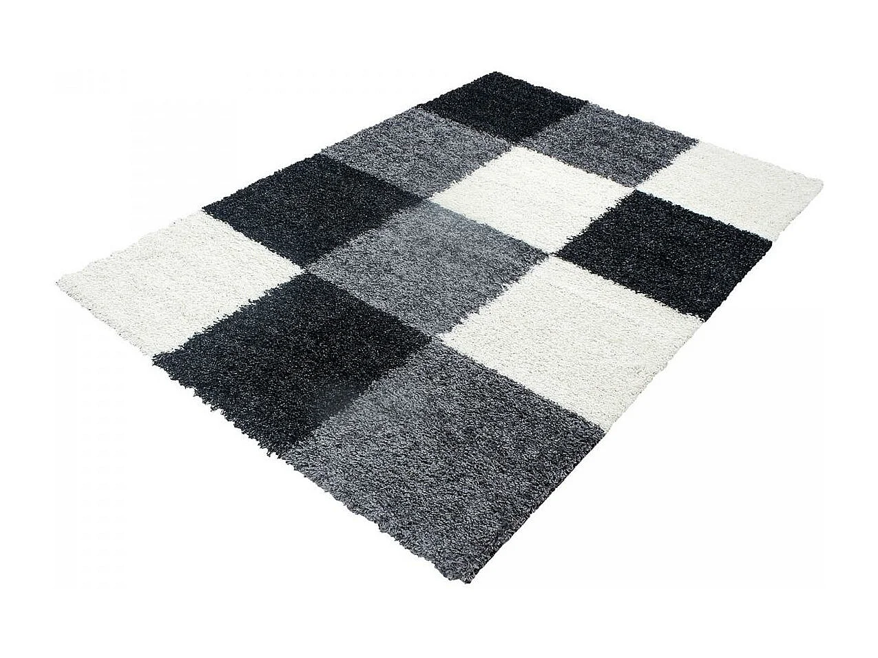 Tapis poils longs shaggy 60x110 rectangle tissé gris et noir motif damier