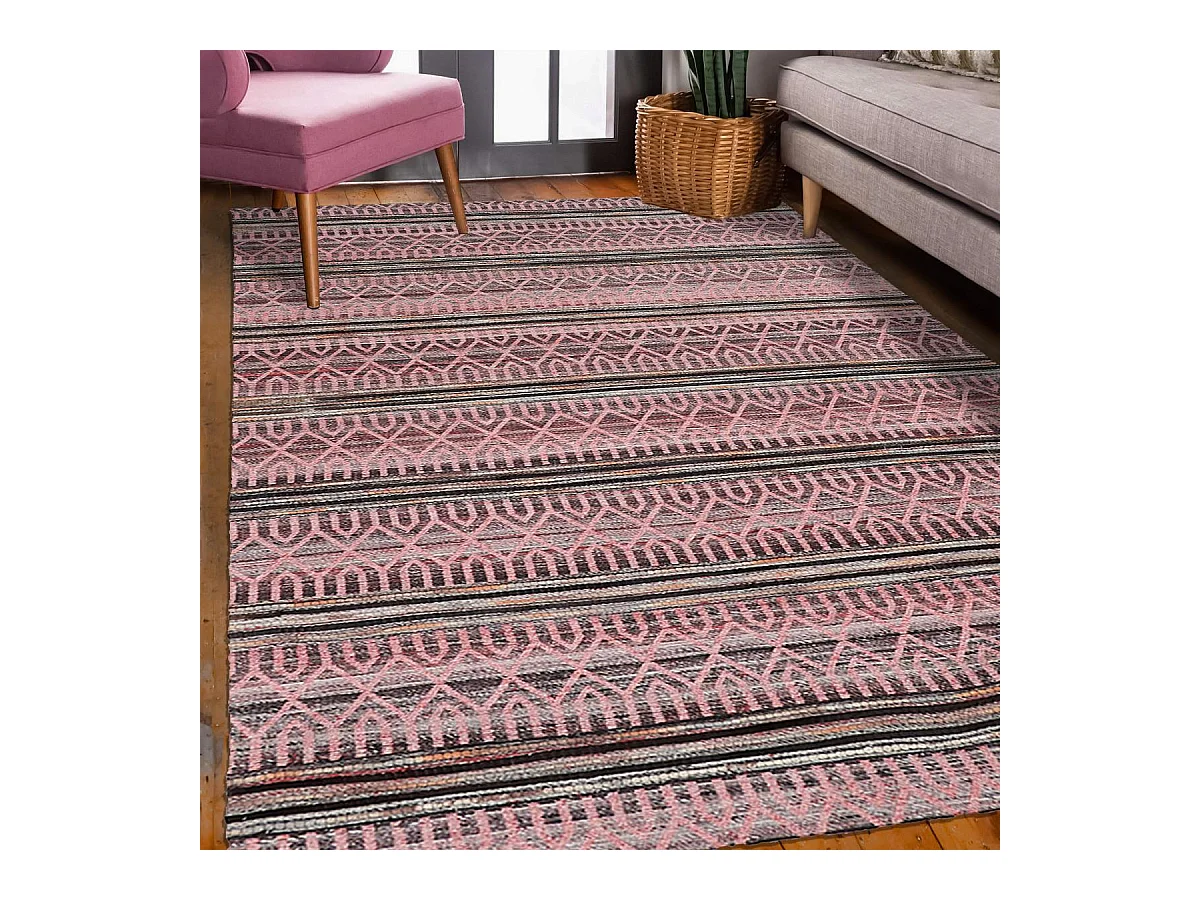 tapis chambre 60x110 fait à la main rose rectangle motif ethnique VORELA