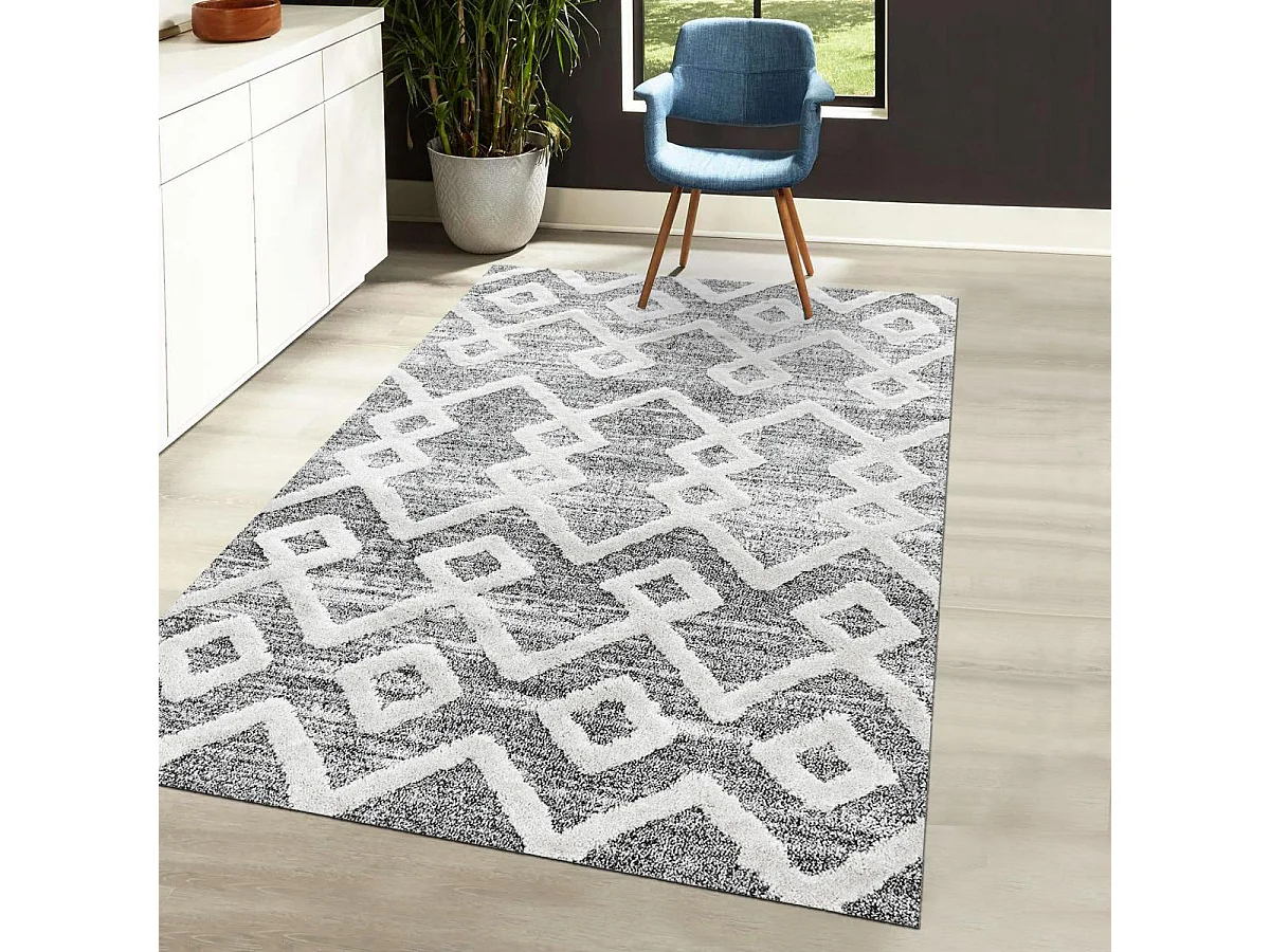 tapis de couloir 80x250 tissé gris foncé et blanc motif scandinave PISTIOUL