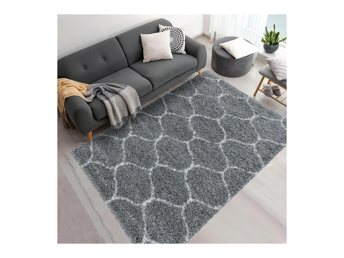 Tapis shaggy Ø200cm rond tissé gris et crème motif scandinave SCANDINAV A