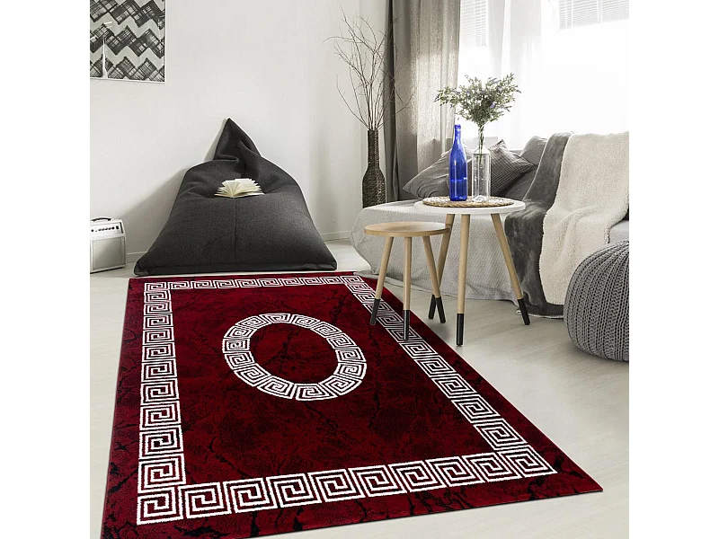 tapis chambre 160x230 tissé rouge et blanc rectangle motif baroque SAPURI