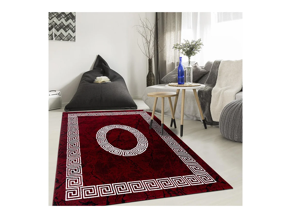 tapis chambre 160x230 tissé rouge et blanc rectangle motif baroque SAPURI