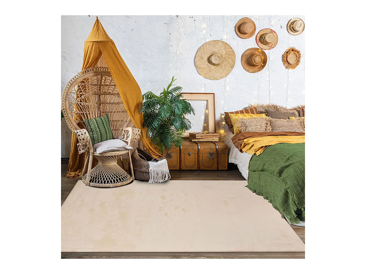 Tapis salon LYN10 LAVABLE 160x230 soyeux et doux, tapis beige uni à l'aspect Shaggy
