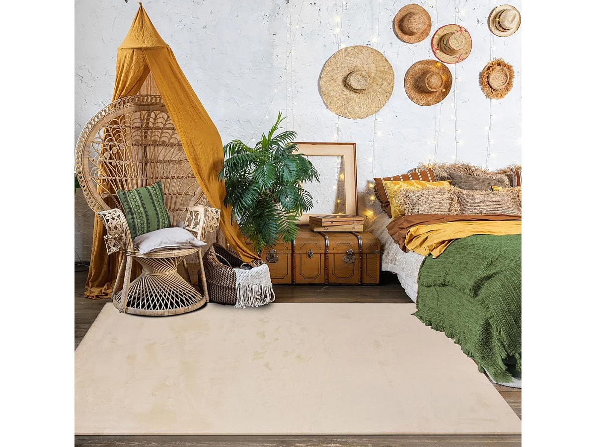 Tapis salon LYN10 LAVABLE 160x230 soyeux et doux, tapis beige uni à l'aspect Shaggy