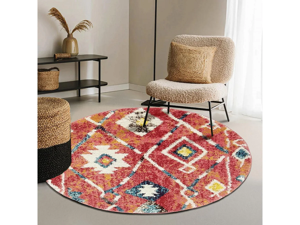 Tappeto berbero rotondo Ø100 cm con motivi tribali intrecciati OURIKA blu e giallo