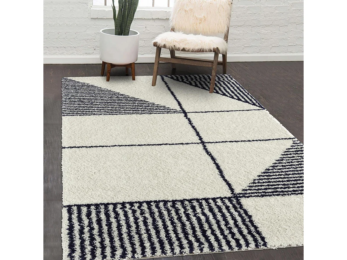 Tapis longs poils shaggy 160x230 rectangle tissé bleu et blanc