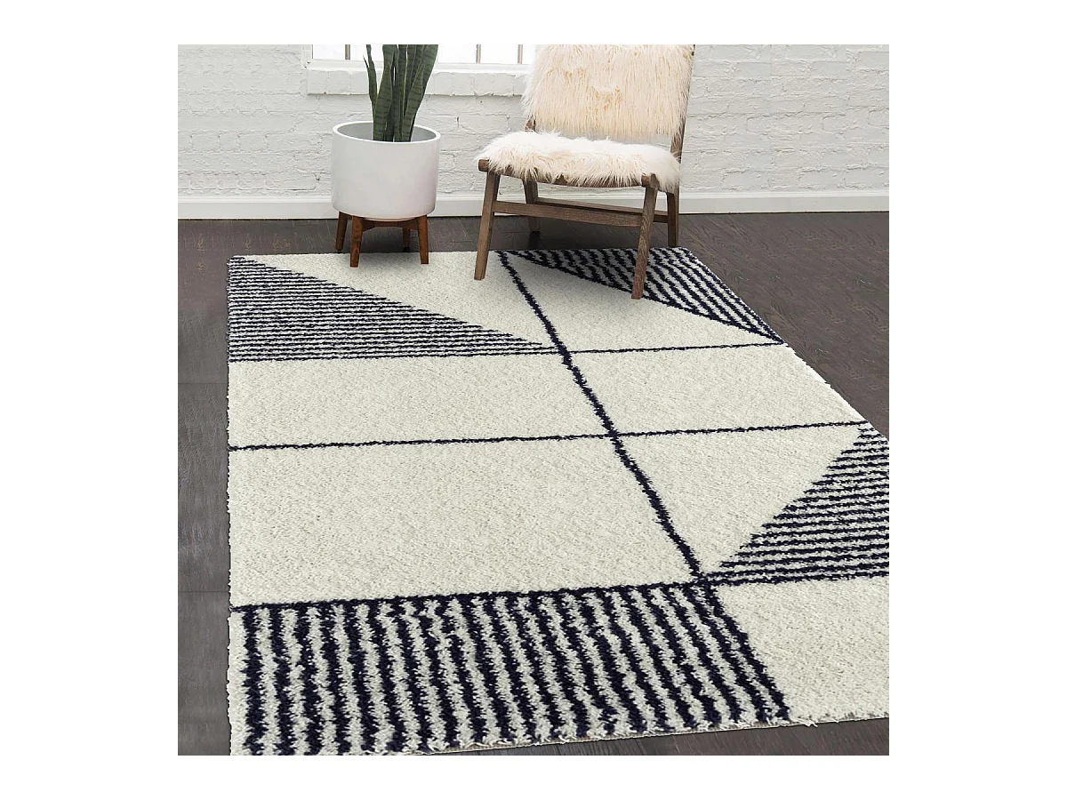 Tapis longs poils shaggy 160x230 rectangle tissé bleu et blanc