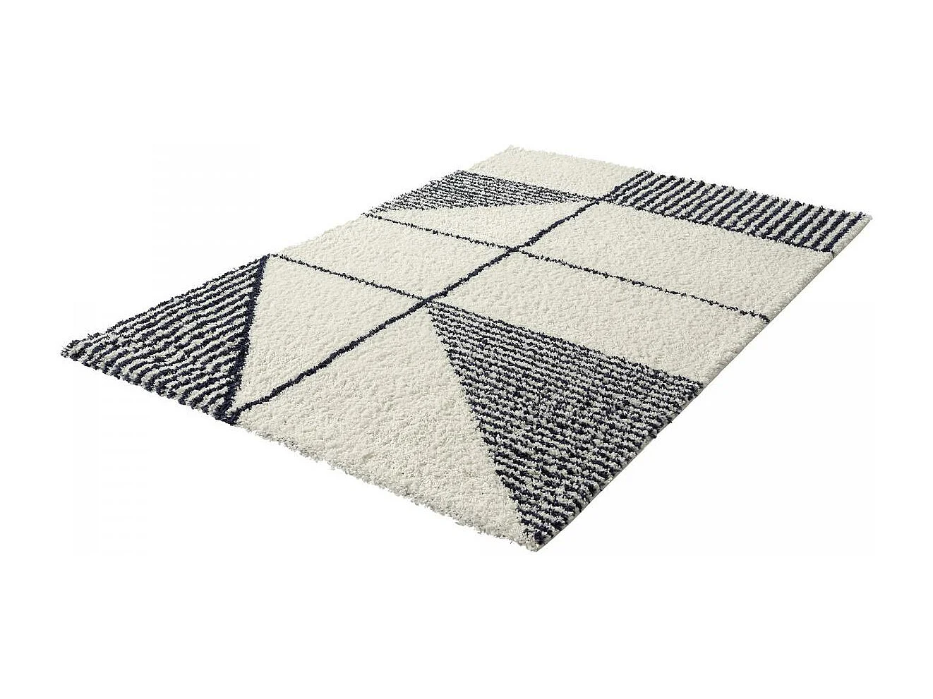 Tapis longs poils shaggy 160x230 rectangle tissé bleu et blanc