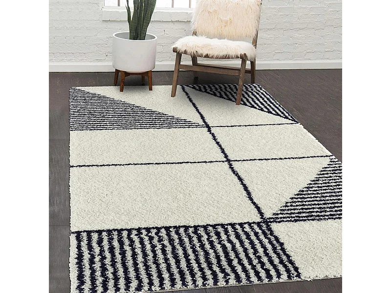 Tapis longs poils shaggy 160x230 rectangle tissé bleu et blanc