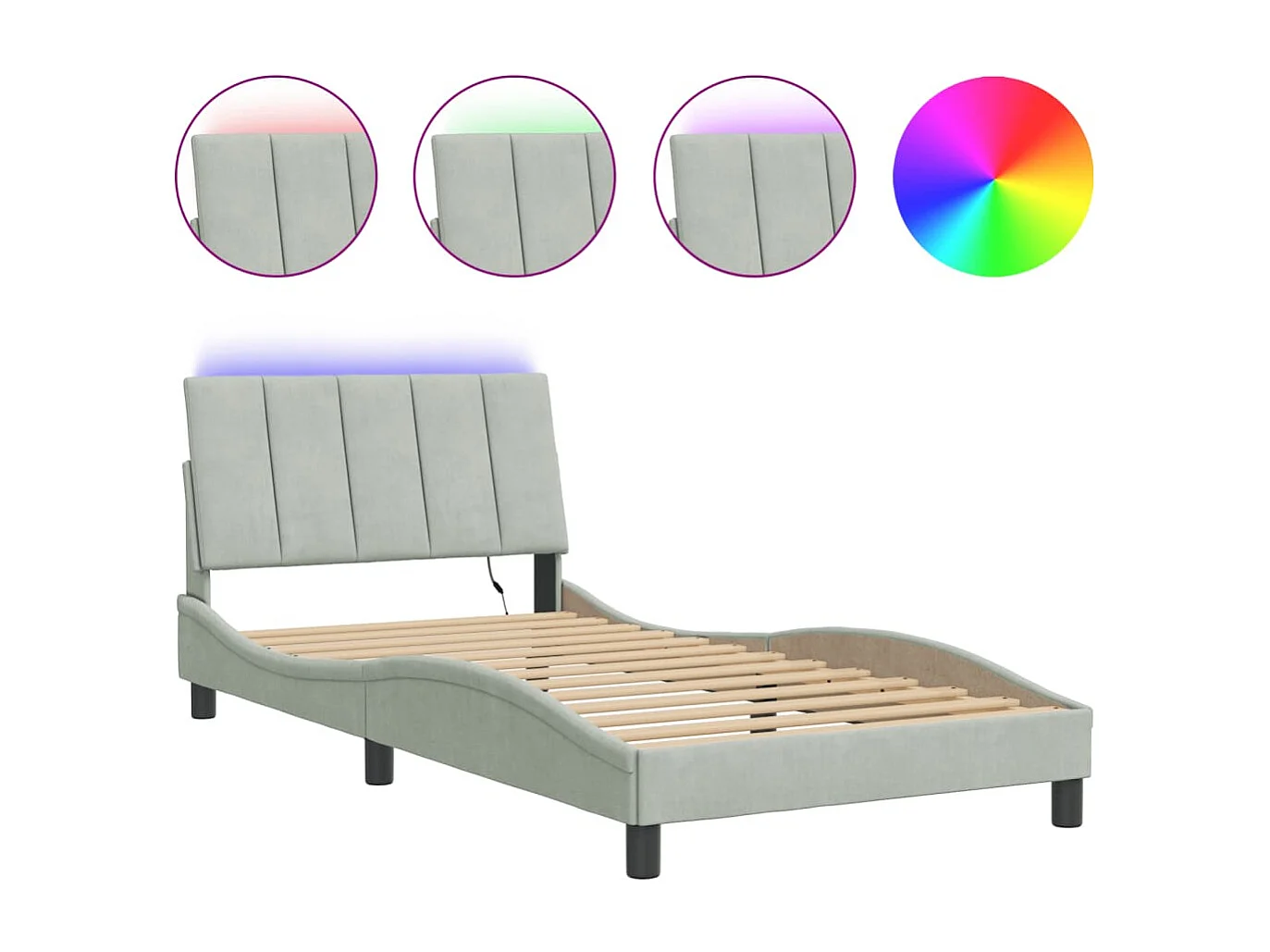 Cadre de lit avec lumières LED gris clair 100x200 velours