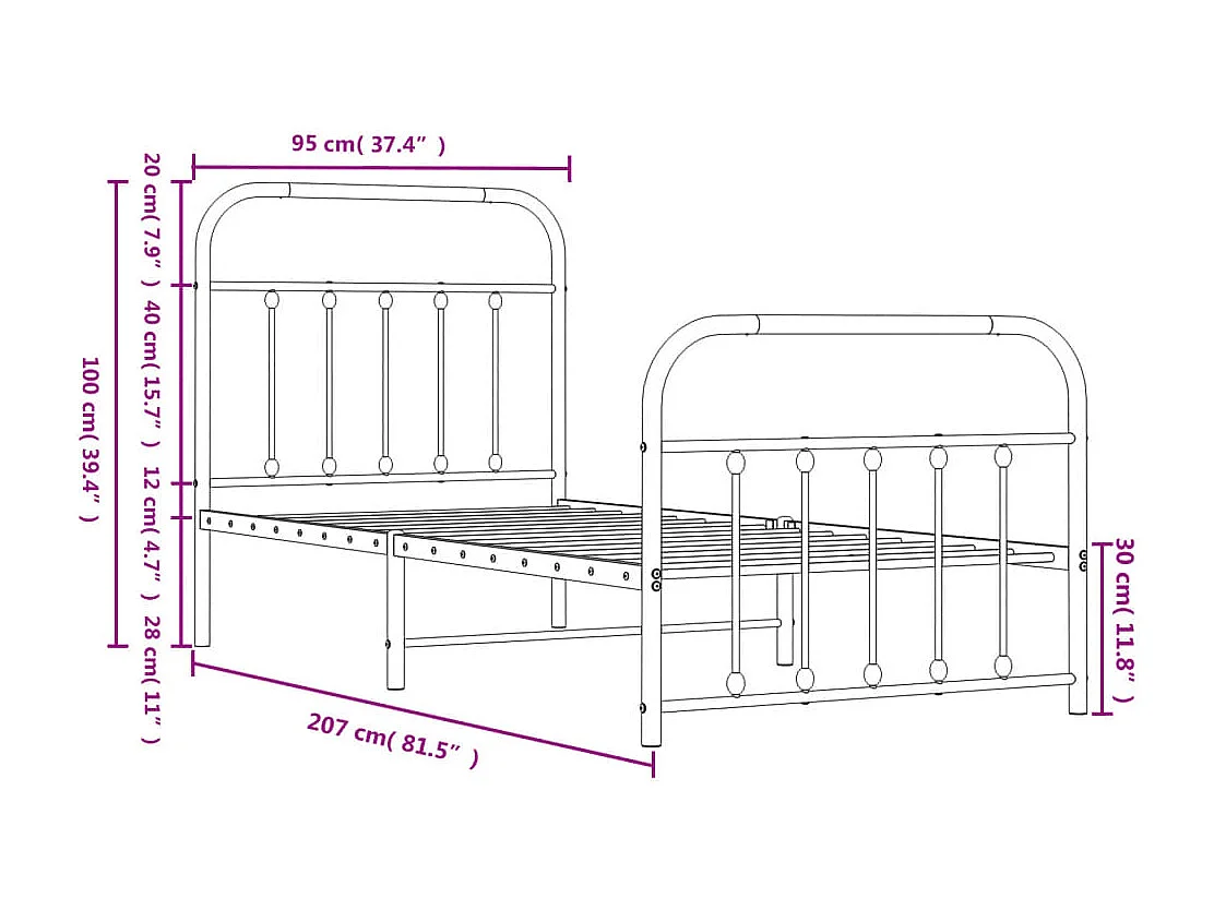 Cadre de lit métal avec tête de lit-pied de lit noir 90x200