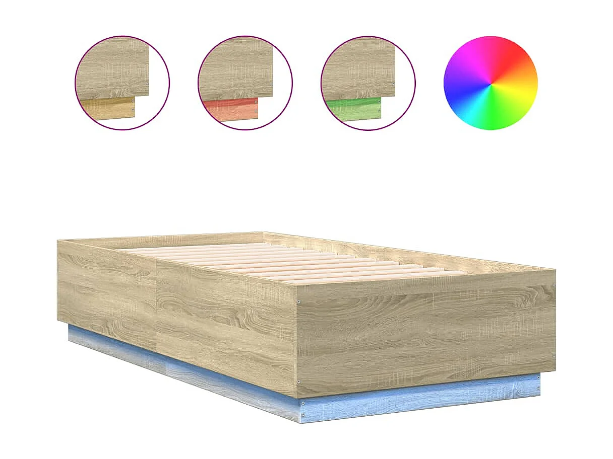 Cadre de lit avec lumières LED chêne sonoma 75x190