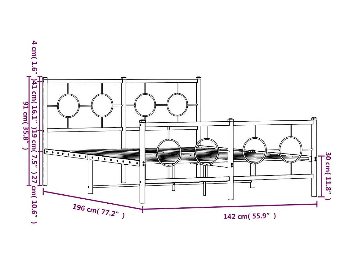 Cadre de lit métal avec tête de lit-pied de lit noir 135x190