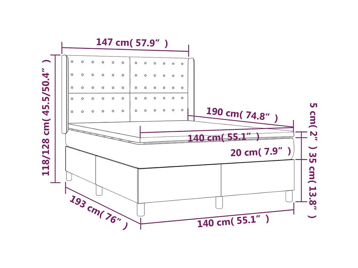 Sommier à lattes de lit matelas LED Blanc 140x190 Similicuir