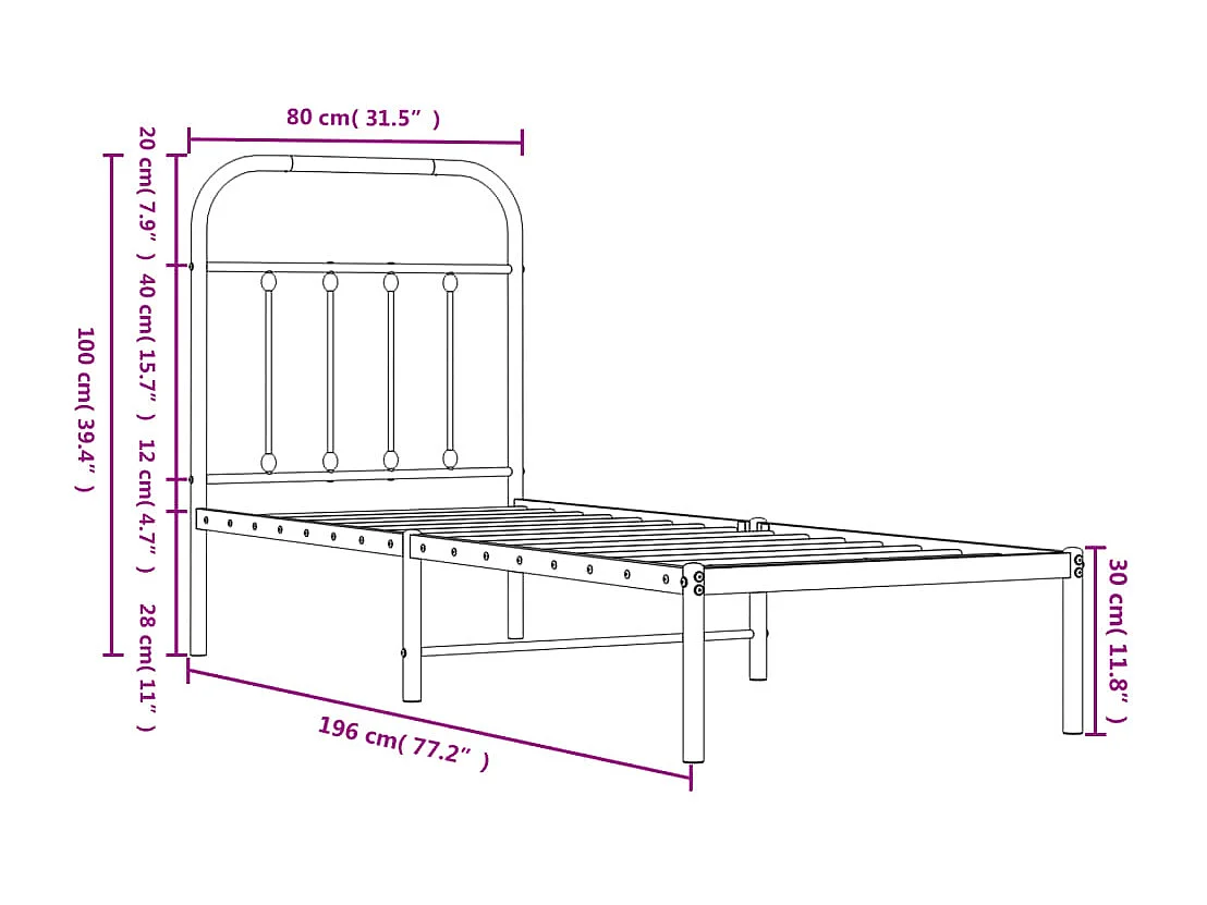 Cadre de lit métal avec tête de lit noir 75x190
